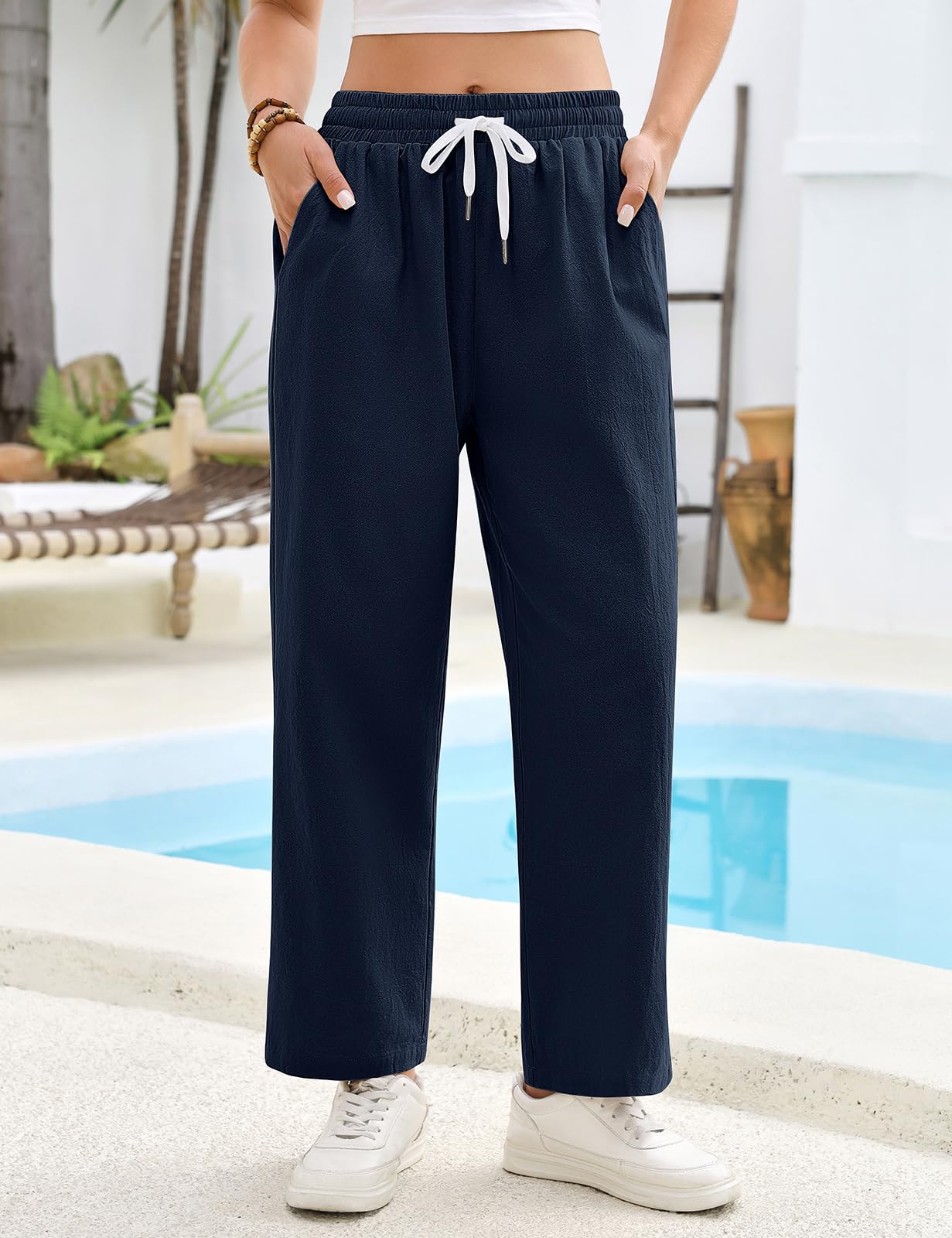 CMTOP Pantalones Mujer Verano Cintura Elástico Casual Pantalones Ligero Algodón 7/8 Pantalon Anchos Suelto Cómodos Flojo Playa Pantalón Pirata con Bolsillos