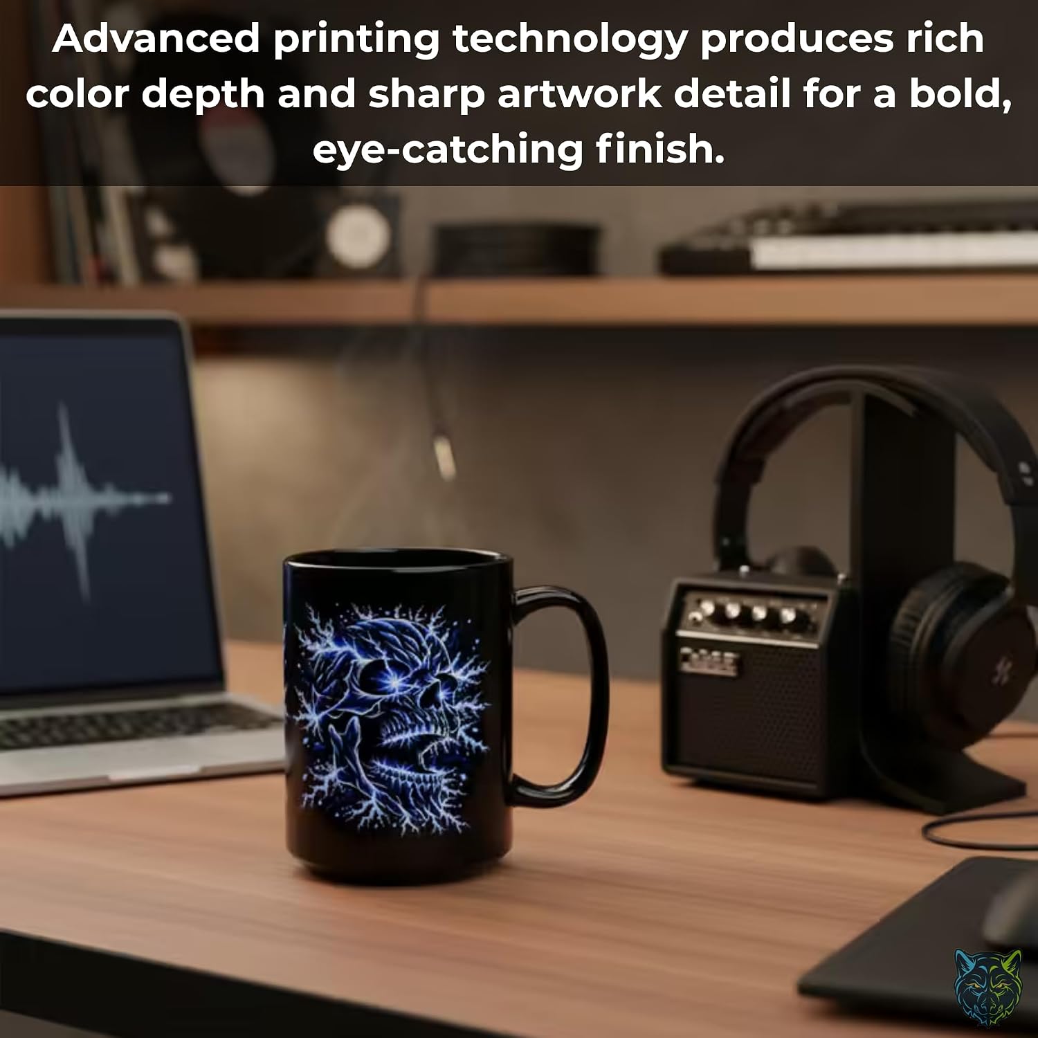 Skull Coffee Mug – Lightning Gothic Design Coffee Cup, 15 oz Black Ceramic Mug, Unique Gift for Men Women