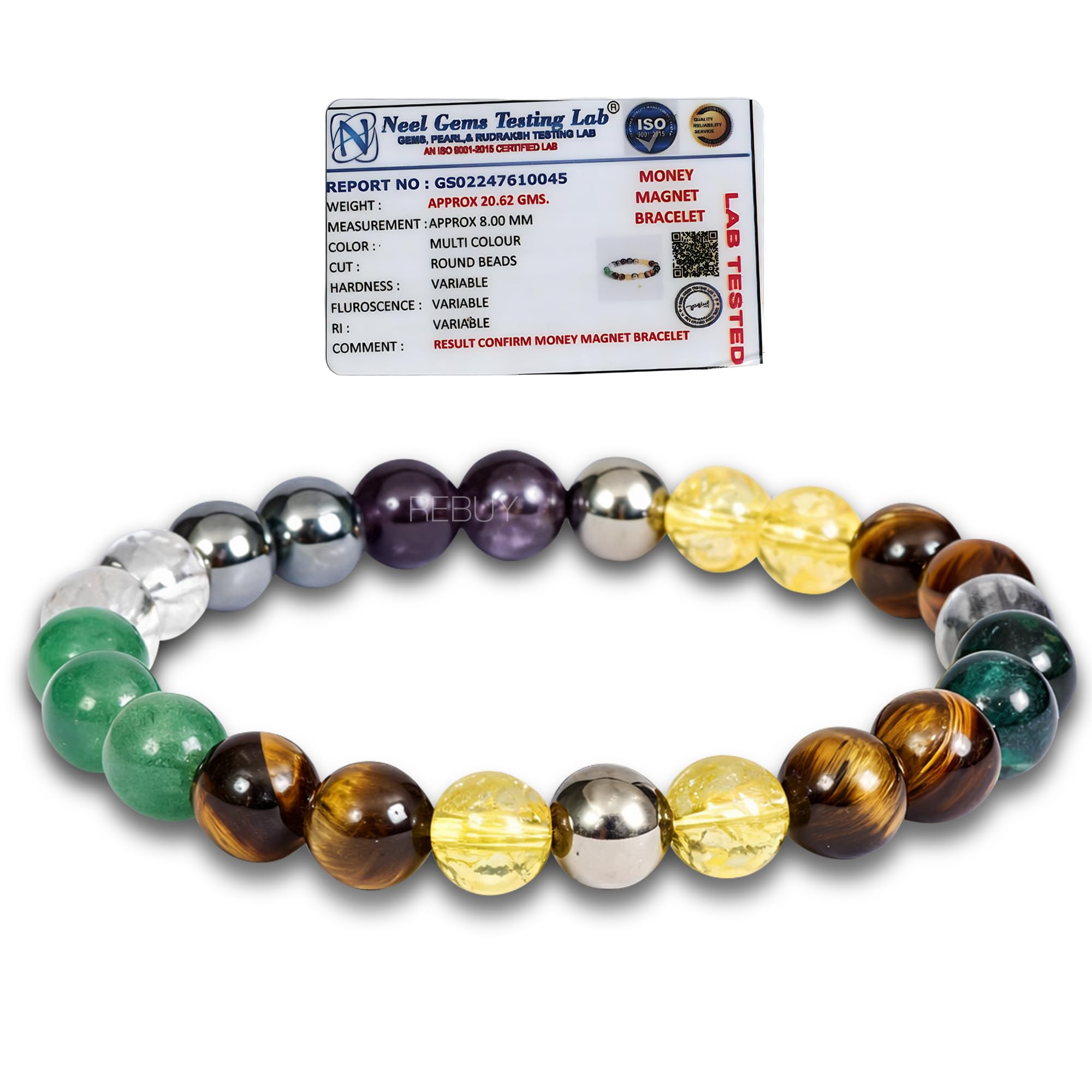 Rebuy Money Magnet Bracelet Pyrite, Green Aventurine, Citrine, Hematite, Clear Quartz, Green Tiger Eye, Amethyst Crystal Healing Natural Gemstone Bracelet For Men & Women, Bead Size 8 Mm