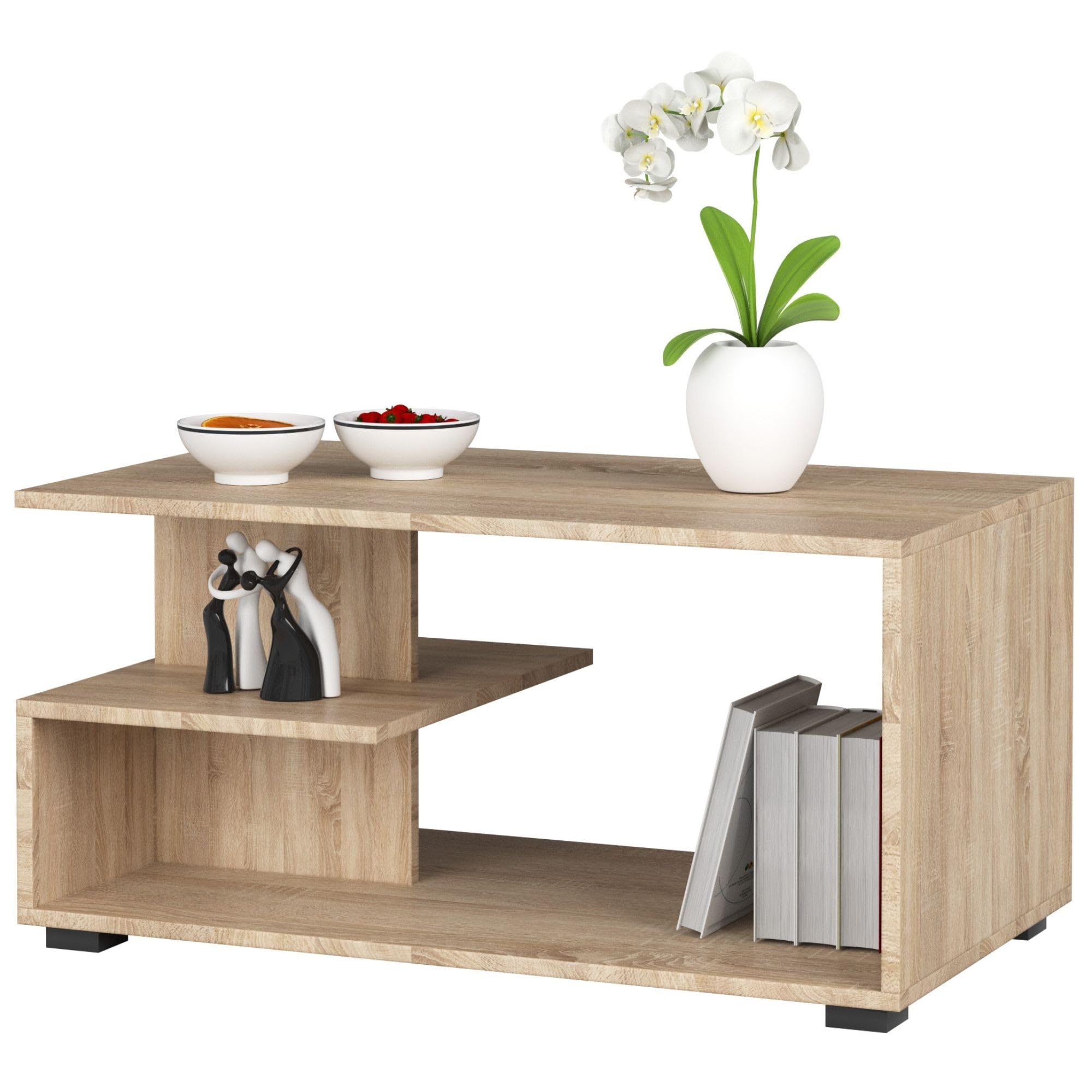 Mesa de café de madera | Mesa de centro moderna | Cómoda para la sala de estar | Decoración del hogar | Mesas de 3 niveles | Tablero laminado de aglomerado de 16 mm | 90 x 45 x 51 cm | Roble Sonoma