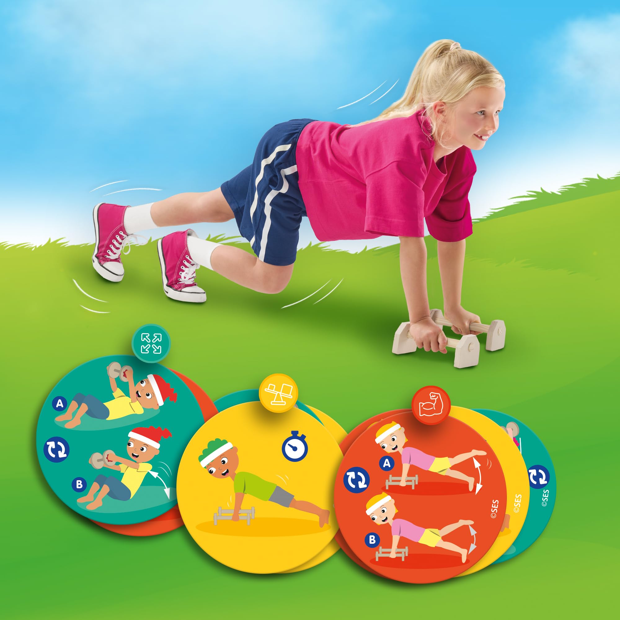 Ses Creative – Fitness et Plaisir – Exercices de Force, d'équilibre et de Mouvement – ​​Exercices de Gymnastique – avec haltères et parallettes – Jeu Actif en Plein air