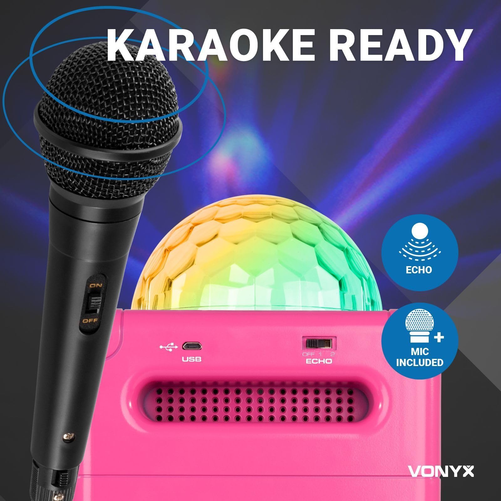 Vonyx SBS50P Ensemble karaoké avec microphone, Bluetooth et effet lumineux LED, Rose, Bluetooth, Batterie 3.7 Volts, Jelly Ball, Boule Disco, Soirée entre Amis/Famille, Effet Echo