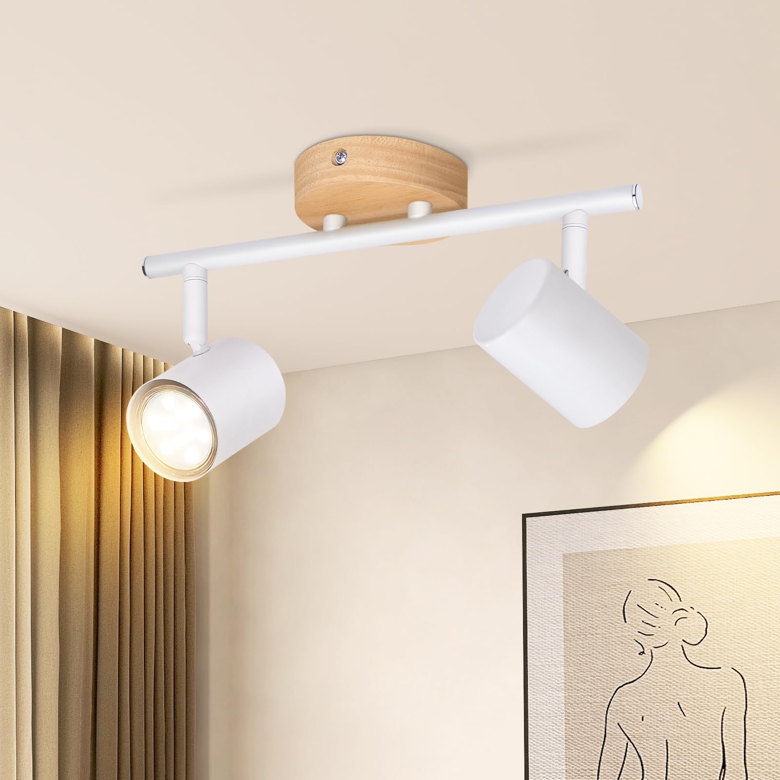 LED foco de techo 2 llamas lámpara de techo - lámpara de techo | vintage de madera foco ajustable GU10 foco apliques para pasillo sala de estar dormitorio cocina comedor sin bombillas