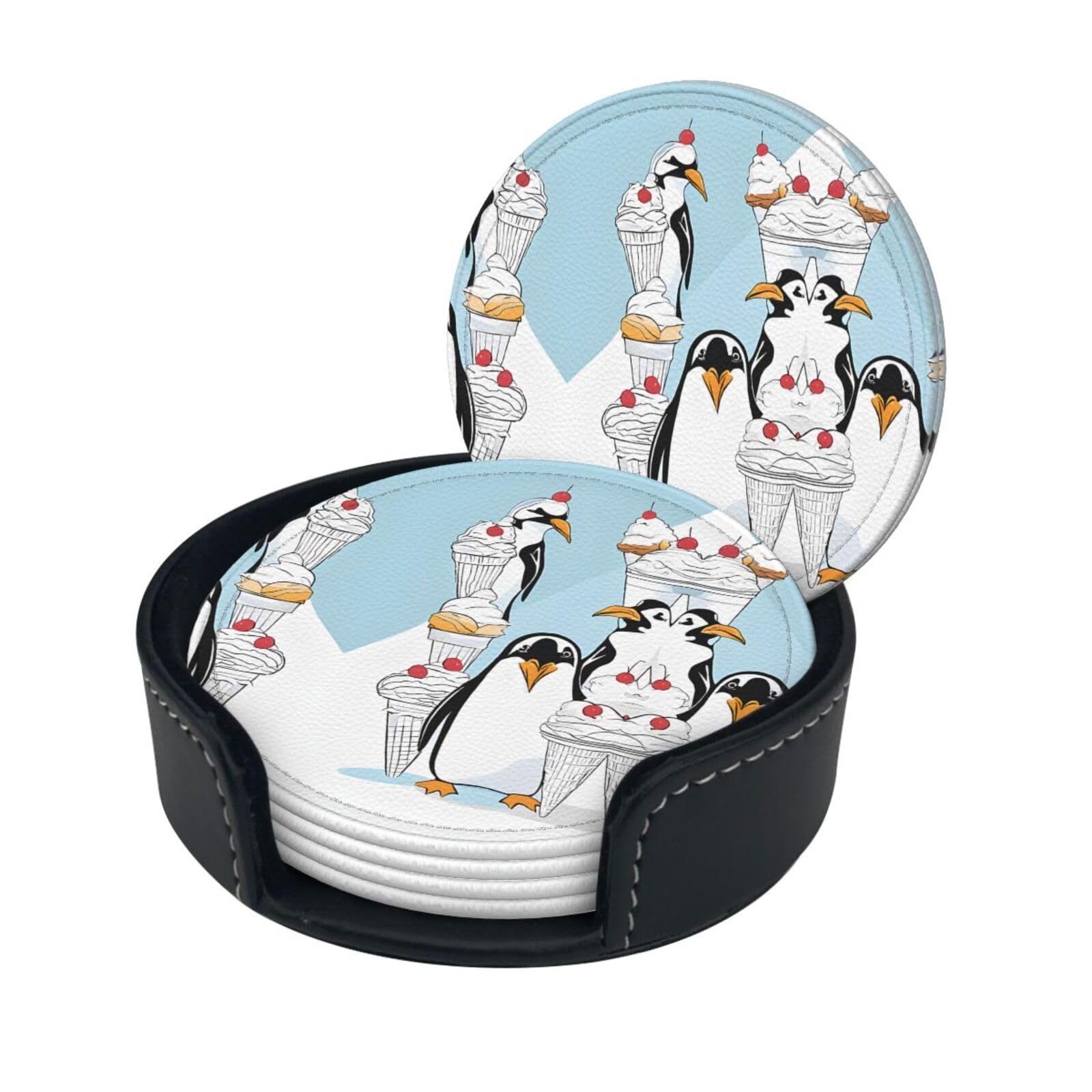 Cute Penguins Print Coaster,Round Leather Coasters with Storage Box for Wine Mugs,Cold Drinks and Cups Tabletop Protection (6 Piece)