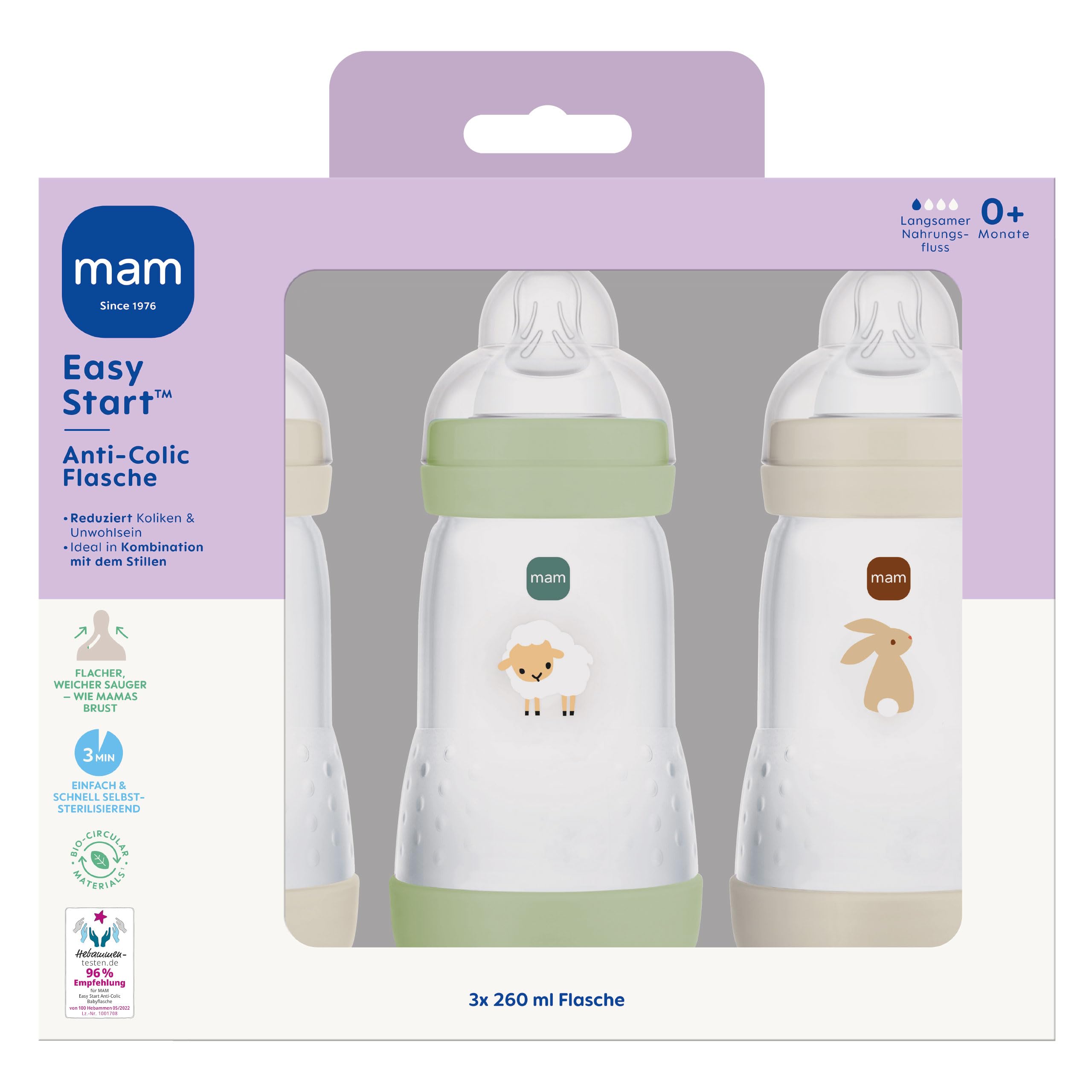 MAM Easy Start Anti-Colic Babyflasche | 0+ Monate | Testsieger | Milchflasche für Neugeborene | Weniger Koliken | stillfreundliche Baby Trinkflasche | Sauger Gr. 1 | 260ml | Katze/Schaf | 3 Stück