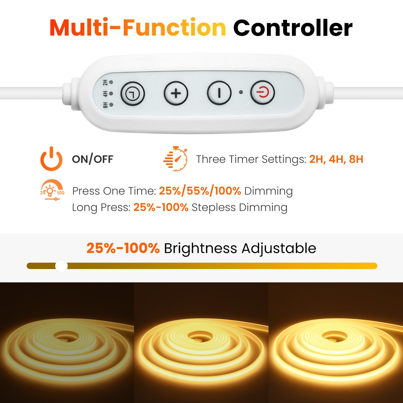 KISUFU Tira LED COB 220V, 288 LEDs/m IP65 Impermeable Neon Luces de LED Light Strip con Temporizador de 3 etapas de 4 teclas Para Habitacion, Dormitorio, Patio.