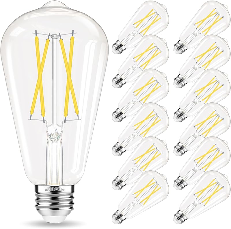 GvvooHome Edison Bulbs E26 LED Bulb 60 watt Equivalent 4000K Daylight White | ST58 Vintage Light Bulbs Non-Dimmable, Clear Glass, 90+ CRI, 6W 600LM, E26 Medium Base, 12 Pack