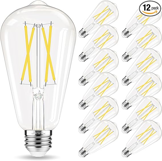 Edison Bulbs 60 watt Equivalent LED, E26 LED Bulb Non-Dimmable, 4000K Daylight White, ST58 Vintage Light Bulbs, 90+ CRI, 6W 600LM, E26 Medium Base, Clear Glass, 12 Pack