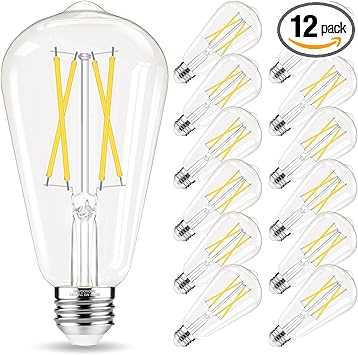 Edison Bulbs 60 watt Equivalent LED, E26 LED Bulb Non-Dimmable, 4000K Daylight White, ST58 Vintage Light Bulbs, 90+ CRI, 6W 600LM, E26 Medium Base, Clear Glass, 12 Pack