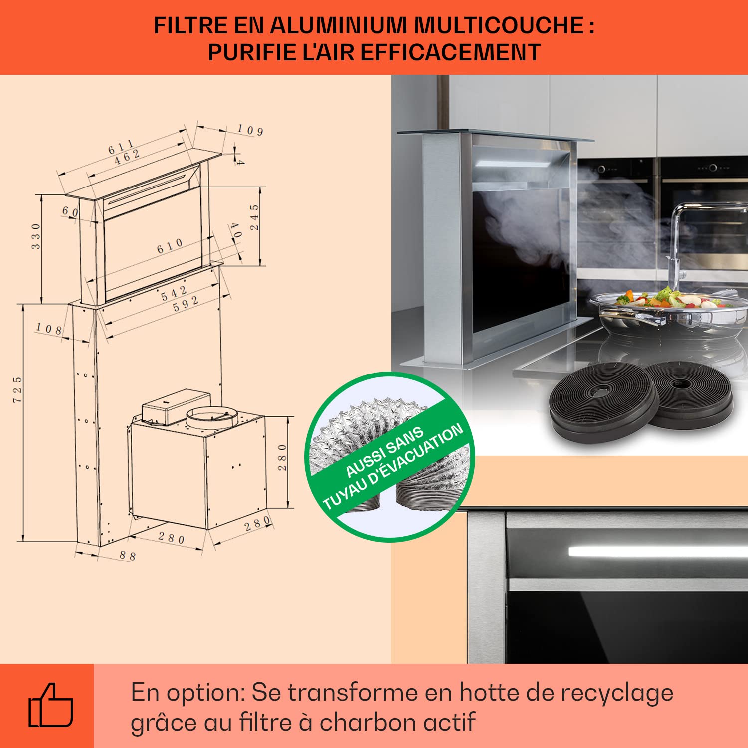 Klarstein Royal Flush Eco Hotte Aspirante 60cm - Cee A++, 604 M³/H, Faible Niveau Sonore 51 dB, Touch-To-Slide, Éclairage Led, Acier Inoxydable & Verre, Hotte Encastrable Plan De Travail