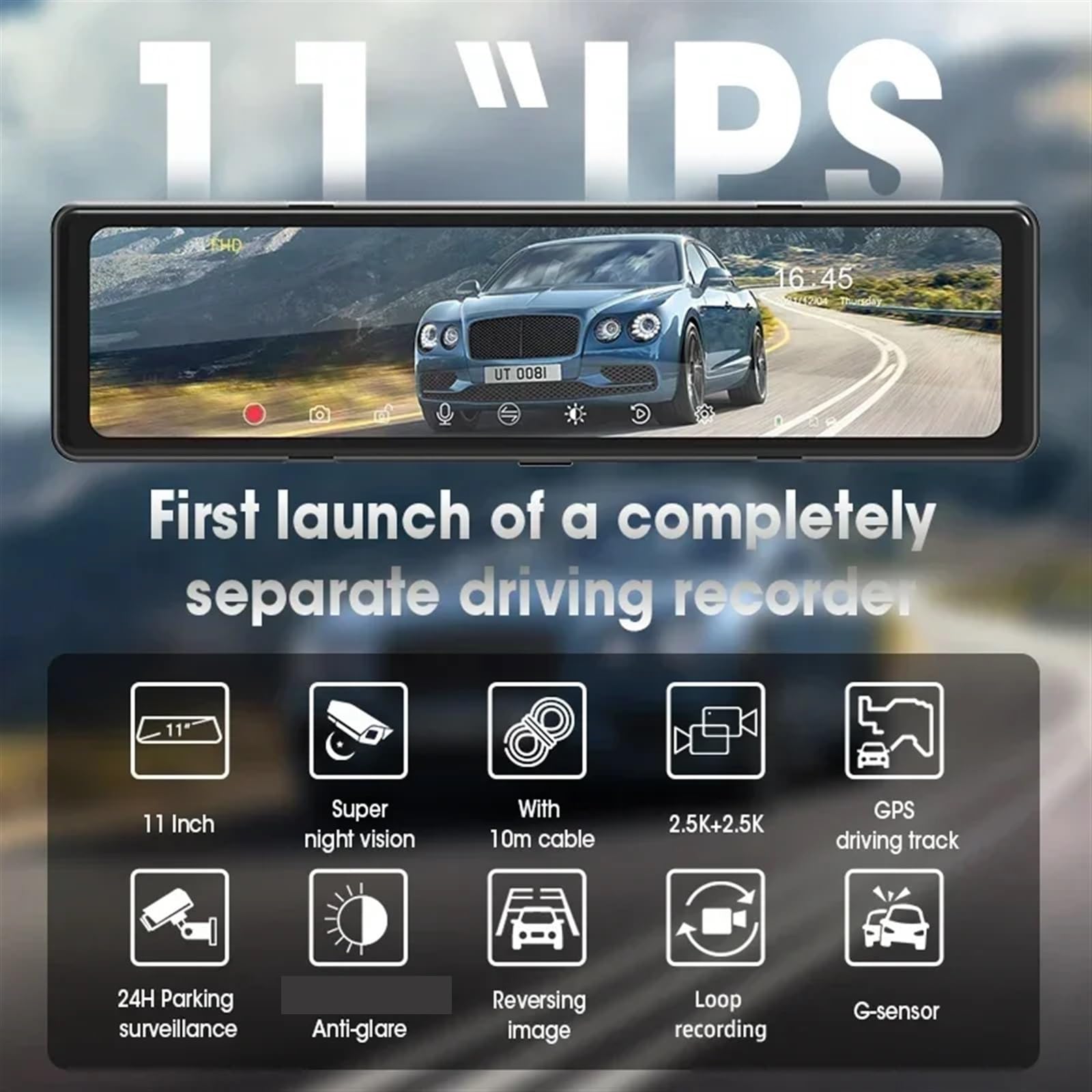 MESKEL Dash Cam Dashcam per Auto DVR da 11" con Fotocamera Frontale Staccata 2,5K Specchietto Retrovisore GPS Doppia Lente Backup 2,5K 256G Max Dashcam(C,256G)