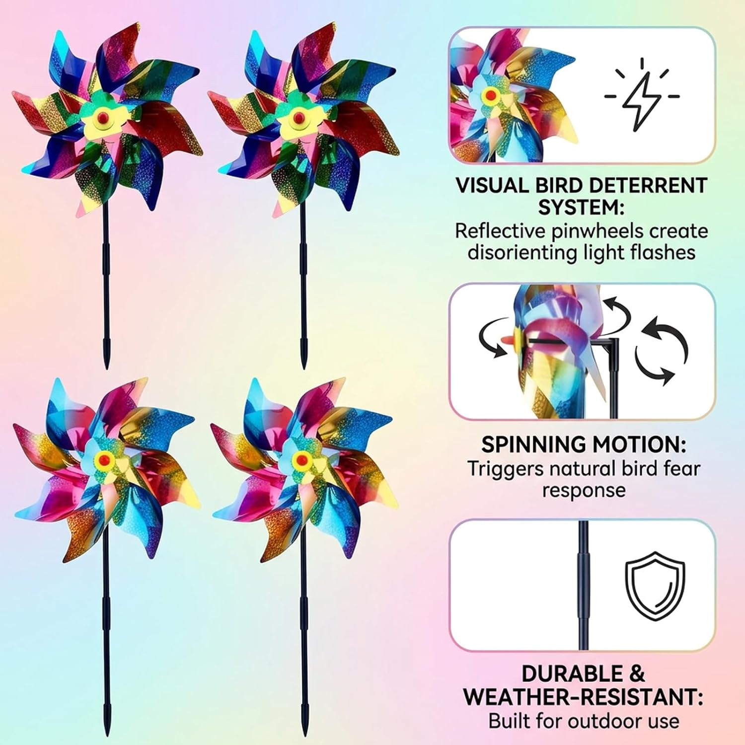 Bird Deterrent Pinwheels, Reflective Wind Spinners for Gardens and Patios, 4-Pack Visual Bird Repellent with Easy Installation, Dynamic Light Reflection for Outdoor Protection
