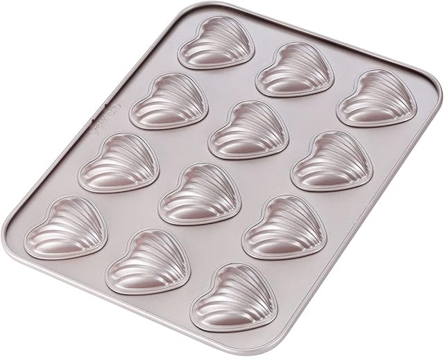 CHEFMADE Madeleine Mold Cake Pan, 12-Cavity Non-Stick Heart-Shaped Shello Madeline Bakeware for Oven Baking (Champagne Gold)