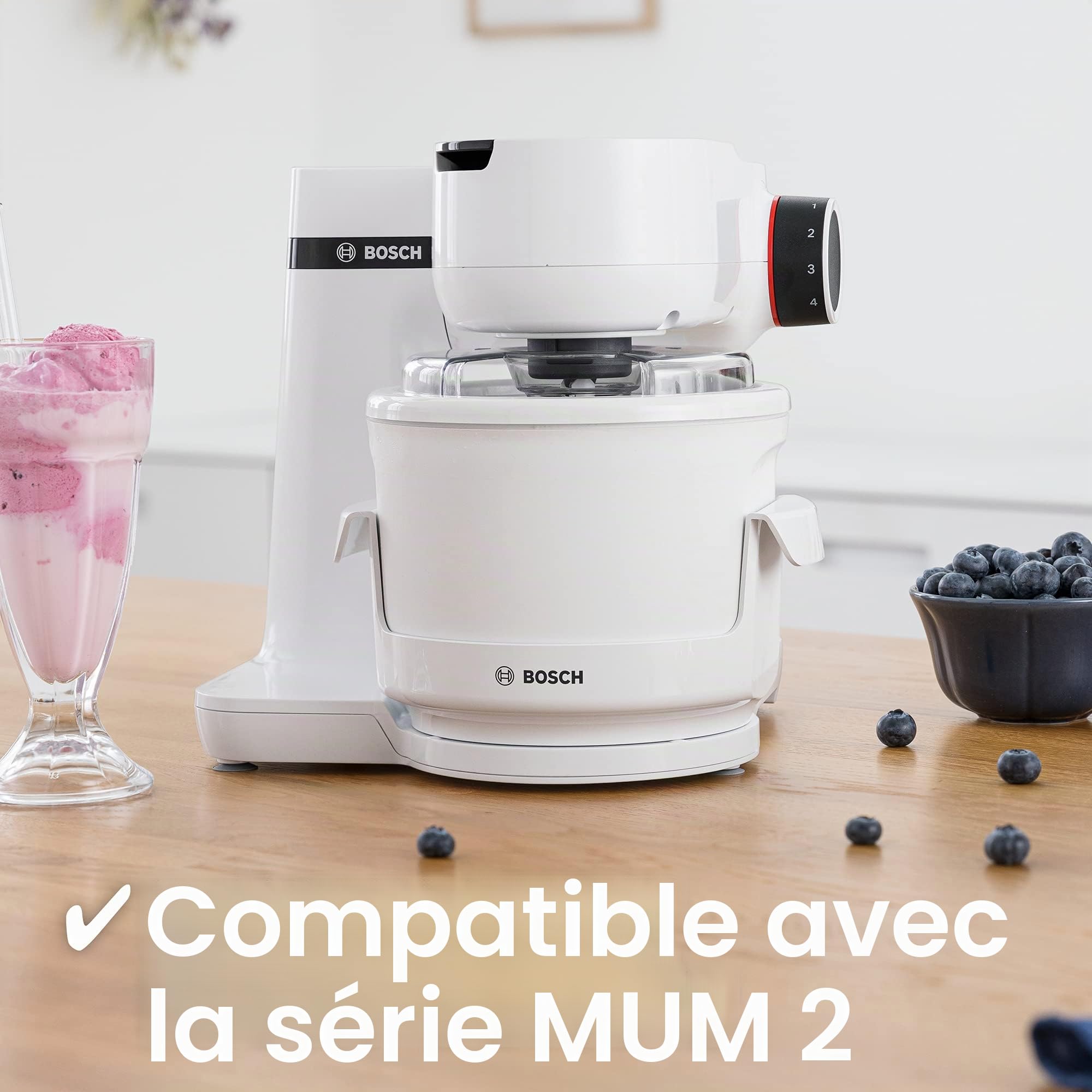 Bosch MUZS2EB, 550 ml, crème glacée faite maison, sorbet et yogourt glacé, blanc, couvercle anti-éclaboussures avec ouverture de remplissage, convient pour robot de cuisine Bosch MUM série 2