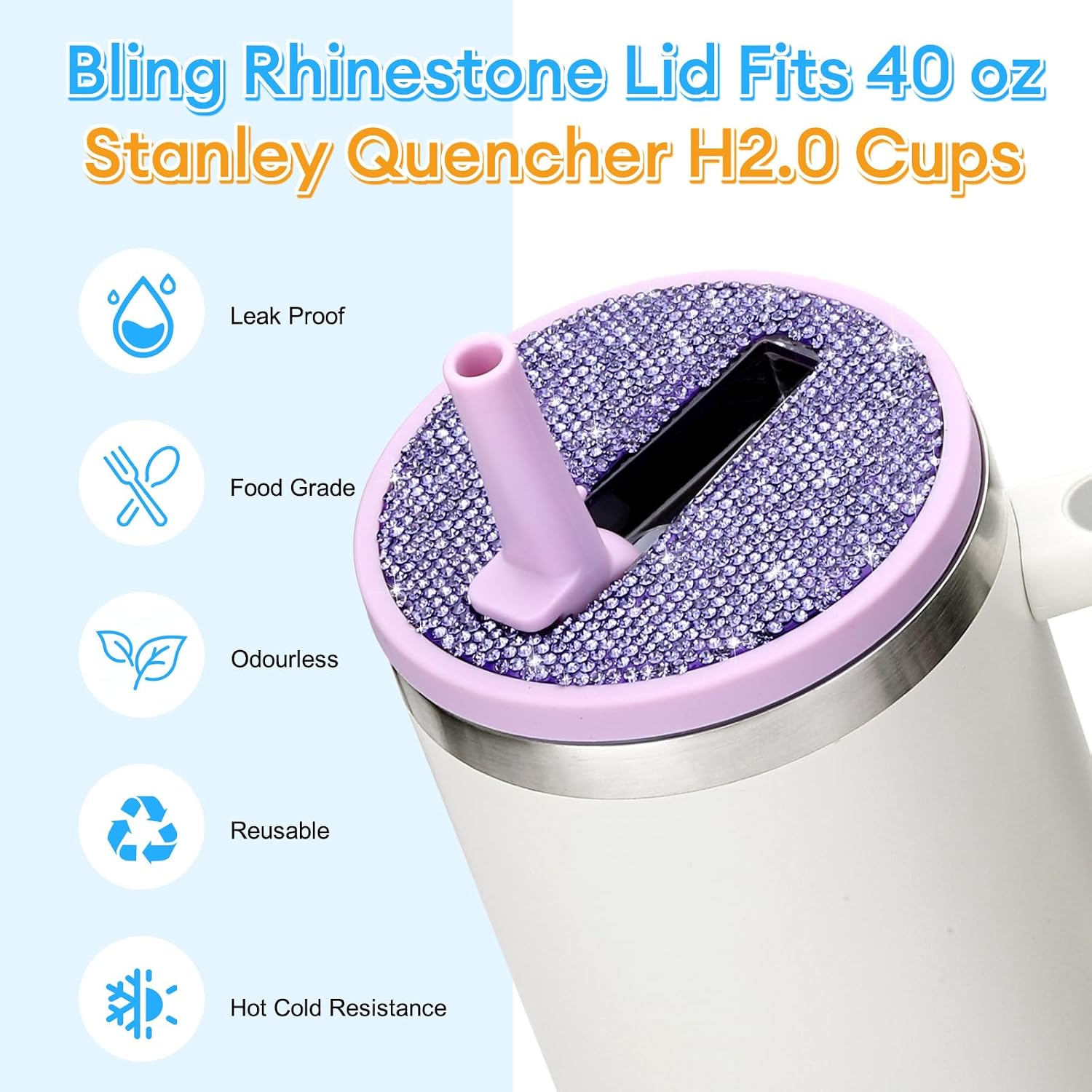 SAVORI Tumbler Flip Straw Lid Replacement fit for Stanley Quencher H2.0, Rhinestone 30 oz Leak Proof Lid for Stanley Tumbler, Non Spill Lids for Stanley Cup image 2