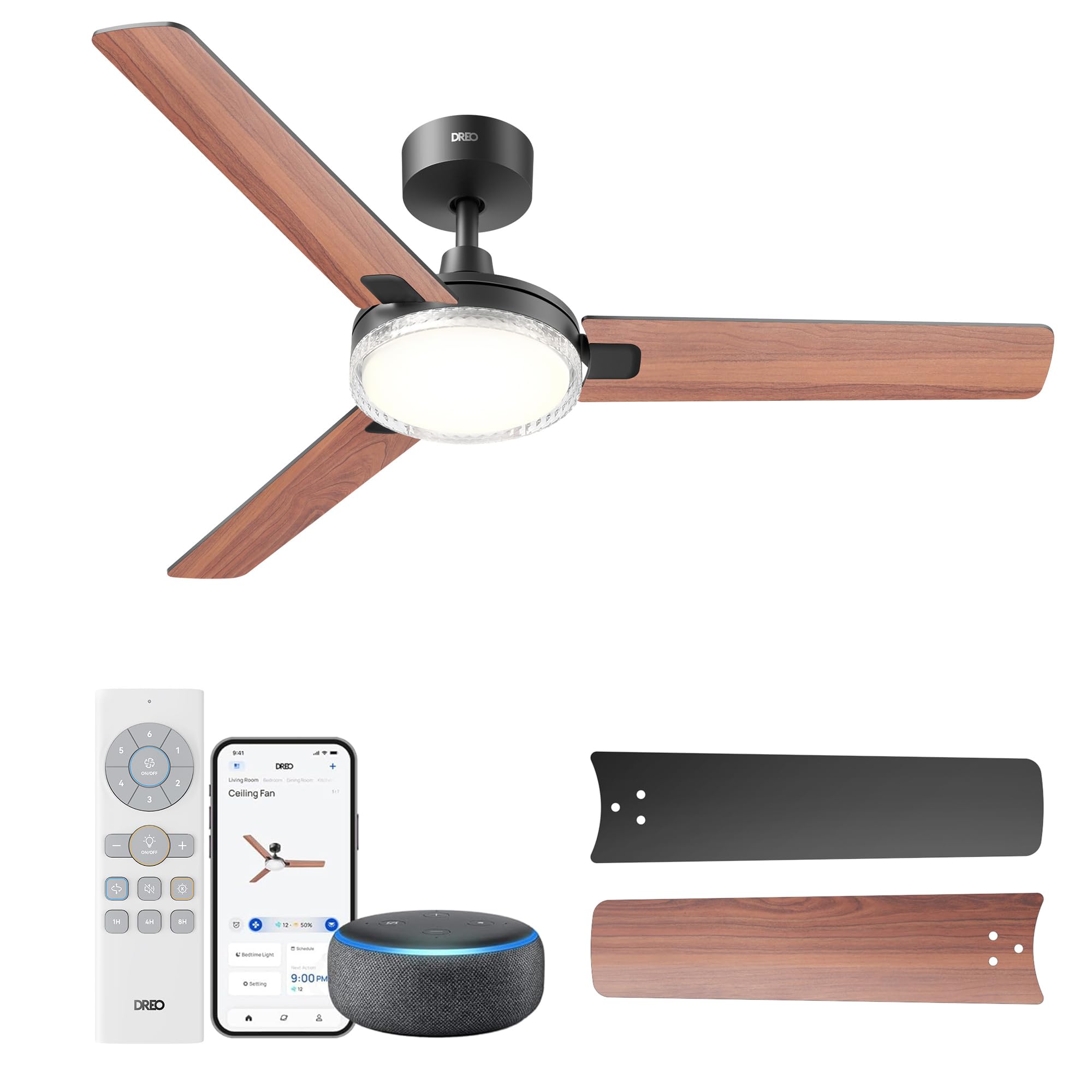 Dreo 52" Smart Ceiling Fan with Light, 12 Speeds and 3 Modes, Adjustable Temperature, Dimmable LED, 1-12H Timer, Silent DC Motor, App, Alexa and Switch, Black
