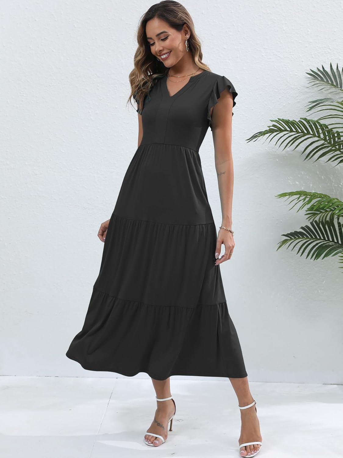 Womens Summer Casual Maxi Dress V Neck Ruffle Sleeve Sundress Fashion Flowy Tiered Boho Beach Vacation Long Dresses - Image 4