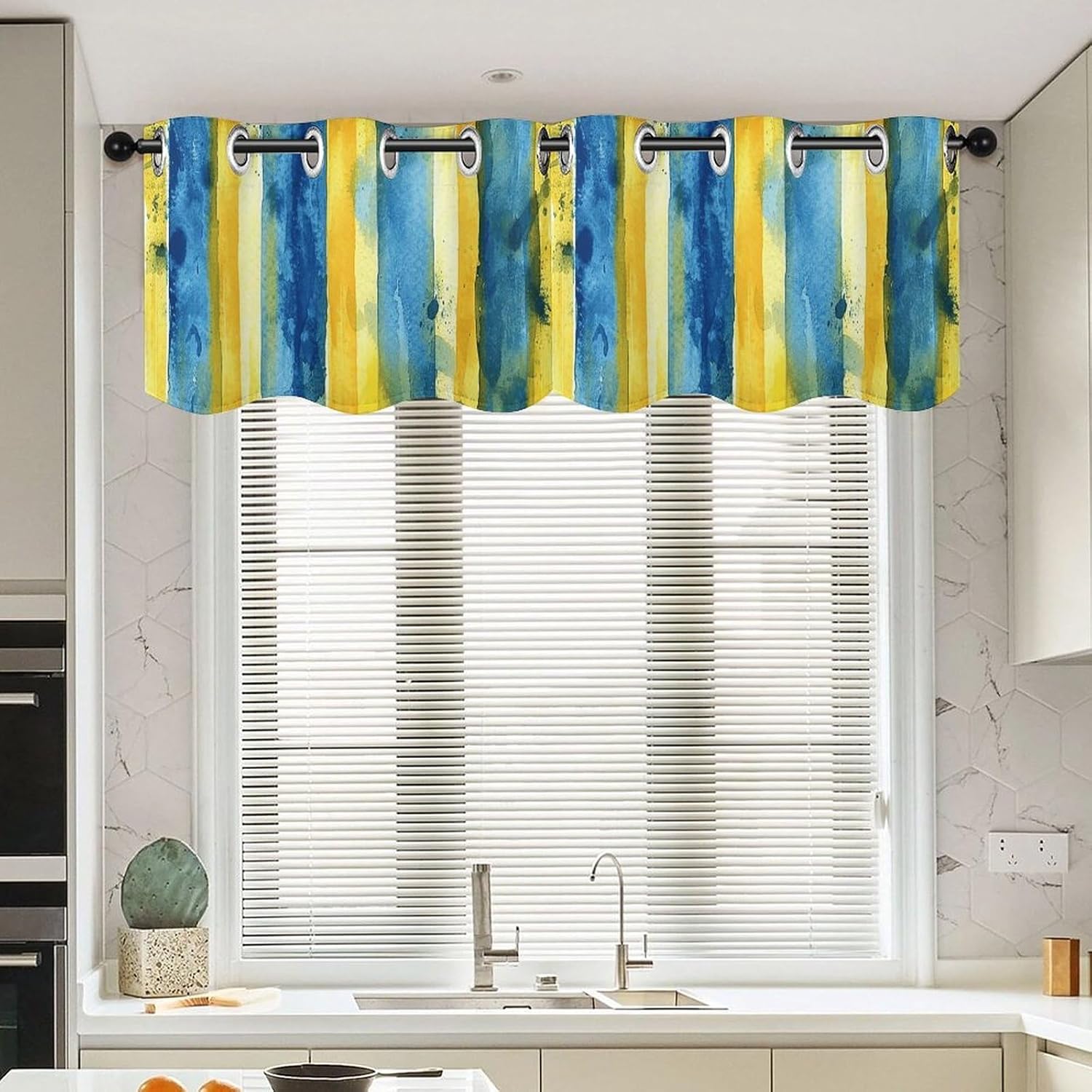 Yellow and Blue Pattern Valance for Windows, 2 Pack Kitchen Curtains Modern Home Decor, Soft Blackout Window Curtains for Living Room & Bedroom, 18 X 52 Inch