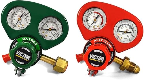 Set of Medium Duty Victor Oxygen & Acetylene Regulators w/Metal Gauge Guards ***