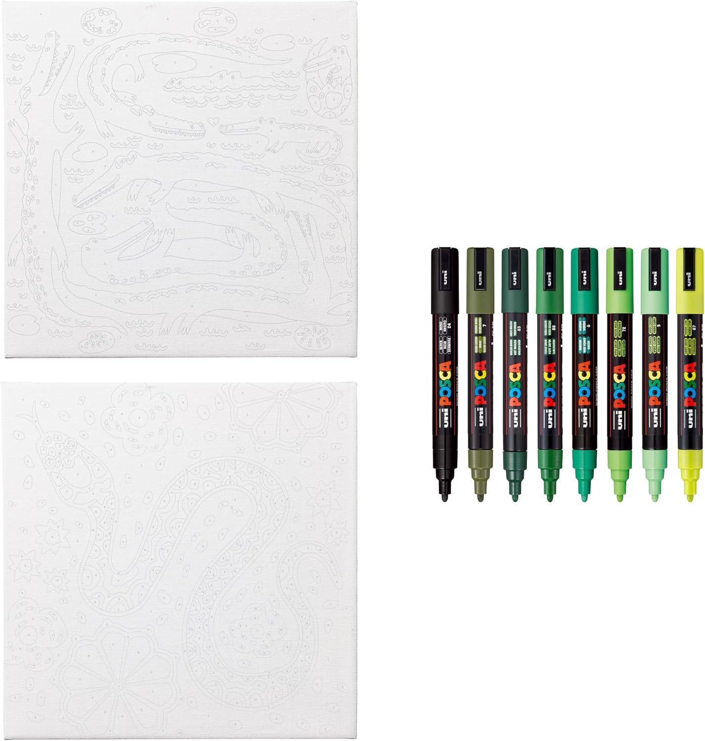POSCA Canvas Paint by Number Kit, Swamp & Slither - 8 Acrylic Markers with 2 Pre-Drawn Canvases - Gift Set for Artists, Adults and Kids