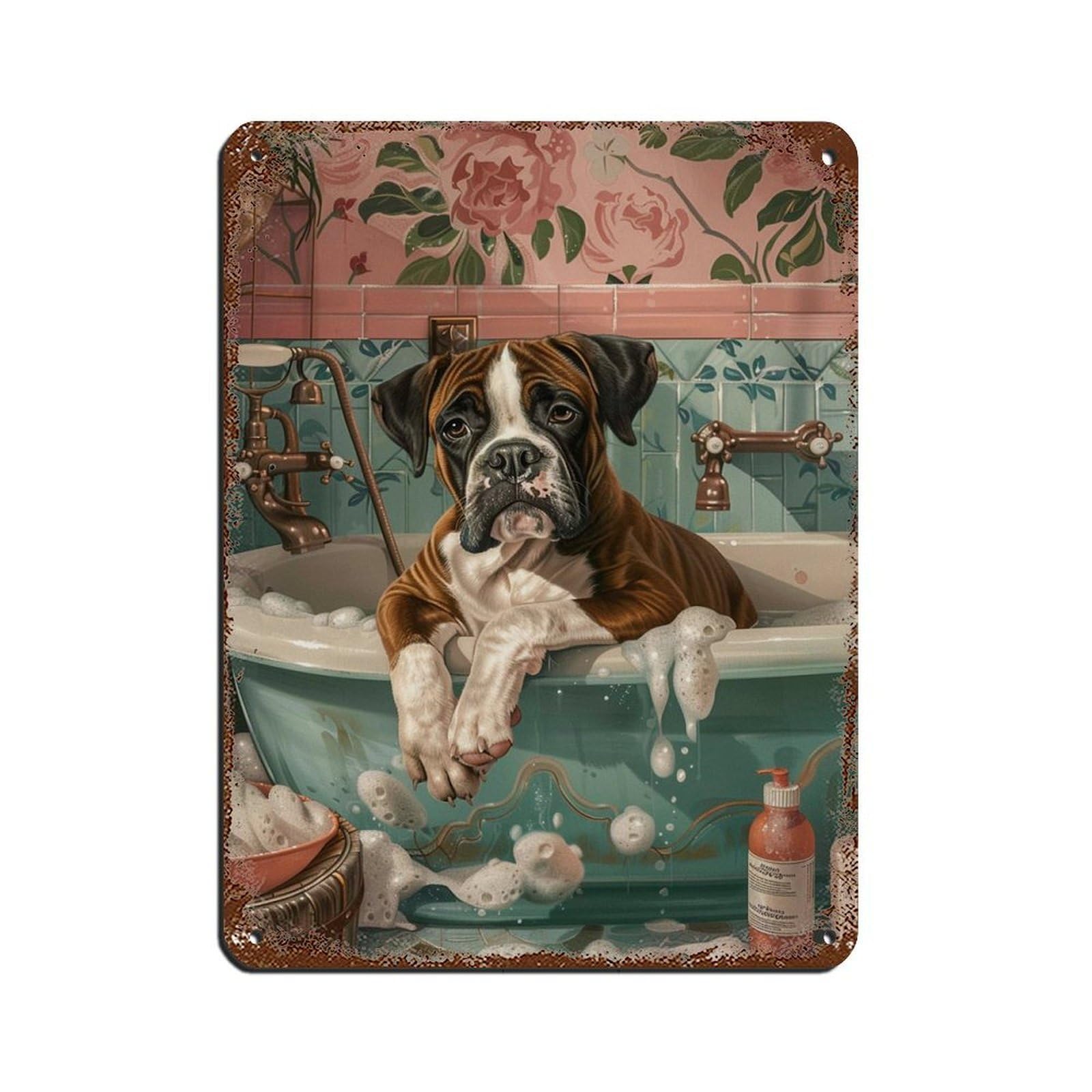 Boxer Dog in Bath Fun Bathroom Art Tin Sign Vintage Metal Pub Club Cafe Bar Home Wall Art Decoration Poster Retro 12x16inch(30x40cm)