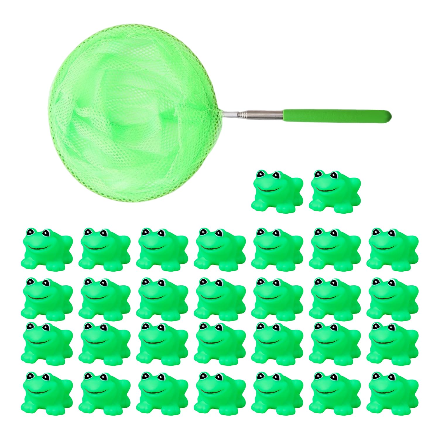 30 Pieces Of Simulated Frog Ornaments And 1 Piece Of Fishing Net, Mini Cartoon Toys, Children'S Bathing Toys, Cute Animal Models.