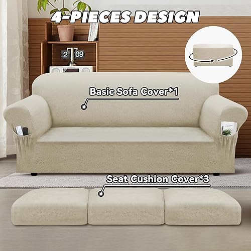 Miniatura 6 de Funda para sofá con bolsillos para reposabrazos, juego de 4 piezas, funda elástica de piel sintética para sofás de 3 plazas (se ajusta a 72-92