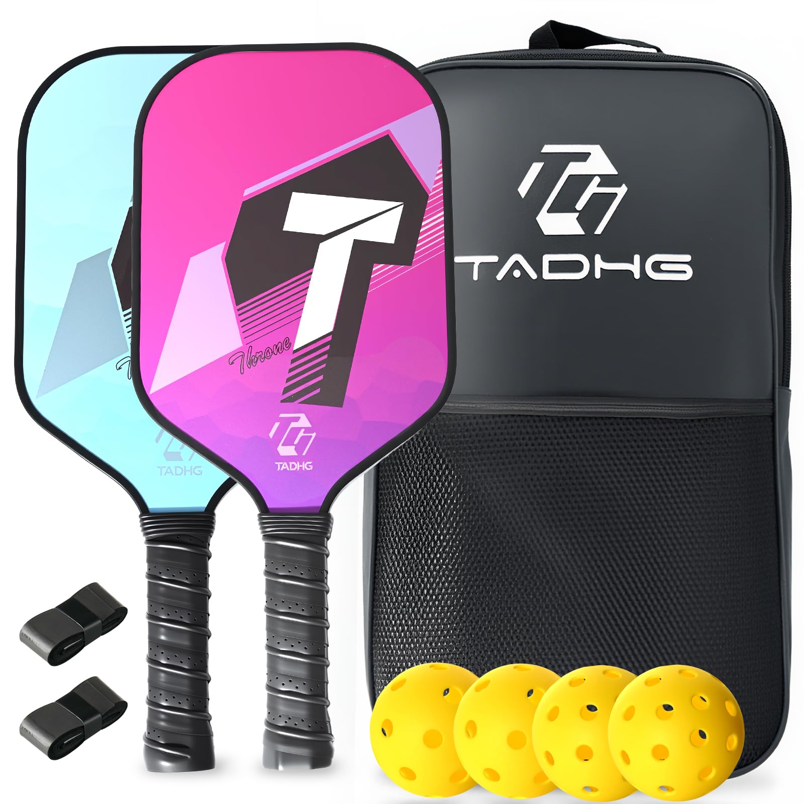 TADHG Pickleball Paddle Set 2 Lightweight 8.4oz Paddles with Honeycomb Core Spin-Friendly Surface 4 Balls