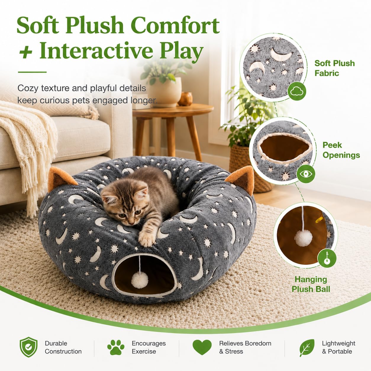 Tubo de cama de túnel para gatos con cojín y bola de peluche, juego de juguete arrugado, tela de franela autoluminosa, 3 pies para gatos grandes, gatitos, cachorros, pequeños, gris, estrella