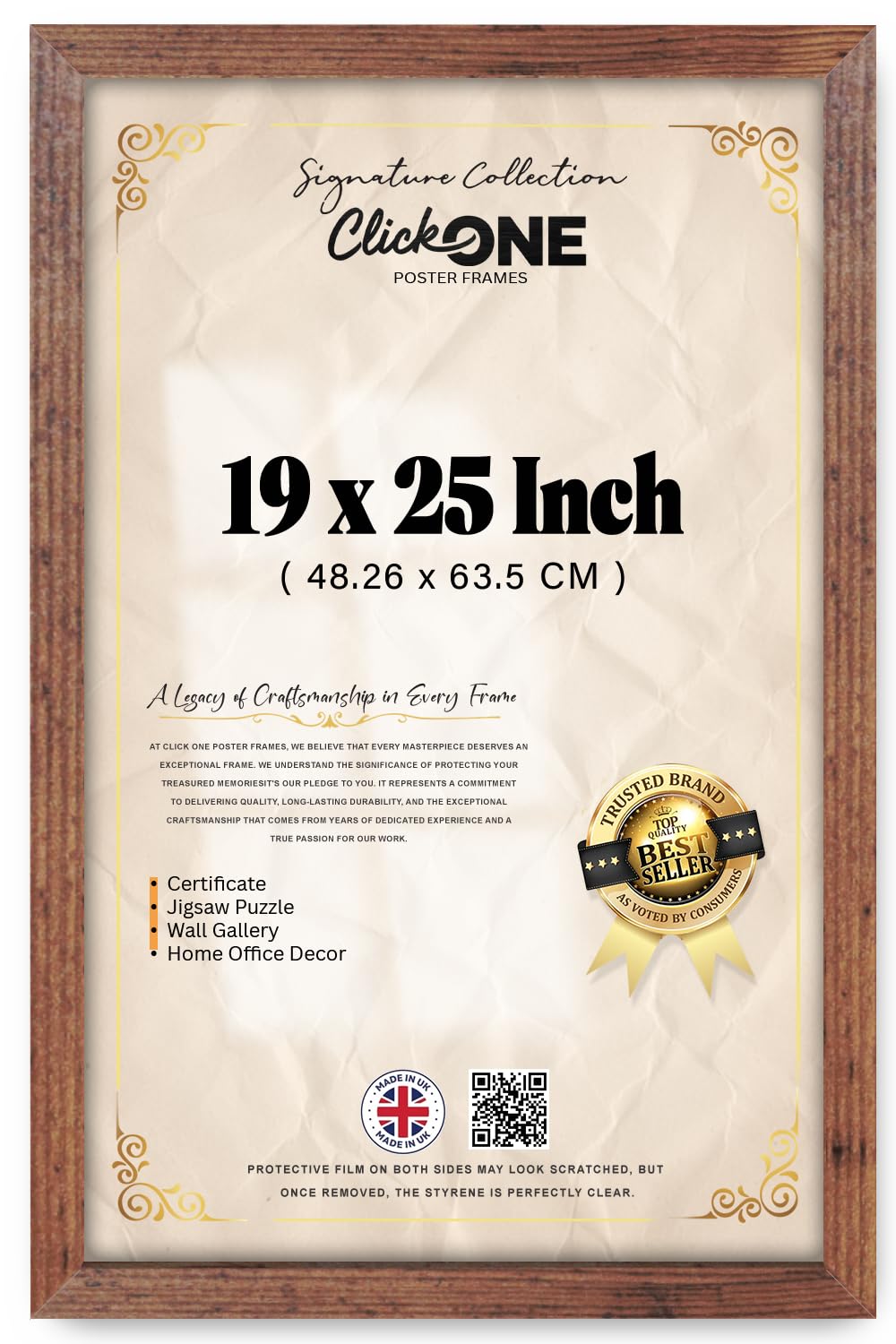 Click One 19 x 25 inch Rustic Flat Style Engineered Wood Medium Picture Frame 48.26 x 63.5 CM| Gallery-Ready Slim Profile for Wall Display with included Hanging kit