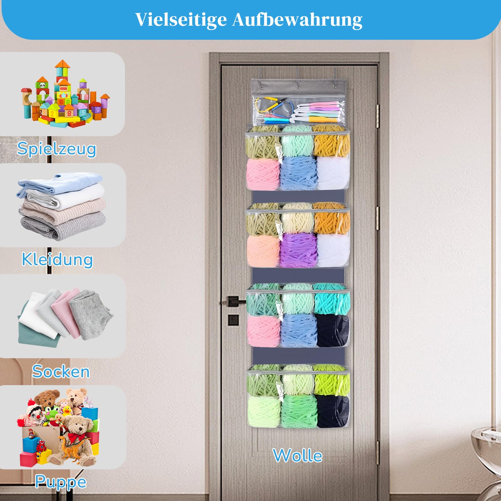 Tür hängende Wolle Aufbewahrung, Hängeorganizer Tür mit 5 durchsichtigen Kunststofftaschen & 3 großen Metallhaken für Stricknadeln,Hängender Garn-Organizer für Stricknadeln, Häkelnadeln, Nähkugeln