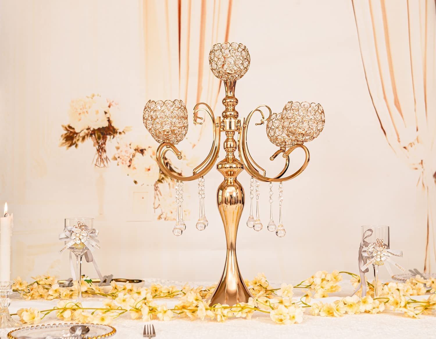 Portacandele a 5 bracci in oro portacandele in cristallo centrotavola per decorazione da tavolo alto 65 cm design elegante regali di nozze