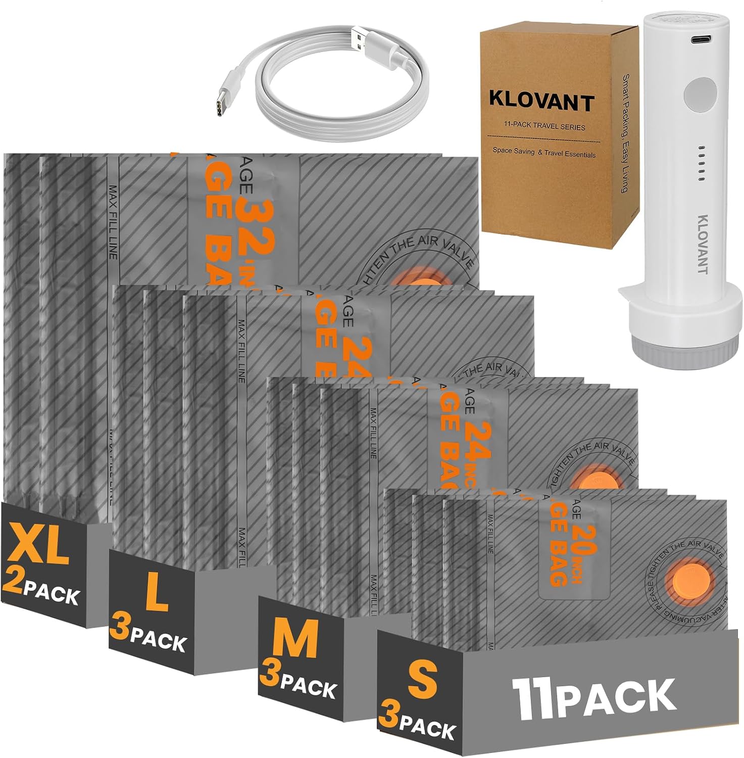Travel Vacuum Bags with Cordless Pump, Reusable 11-Pack 4 Sizes for 20-28in | Frosted Matte, Cruise Flight Travel, Carry On & Checked Luggage, Compression Bags Space Saver, Rechargeable Pump,Double Seal