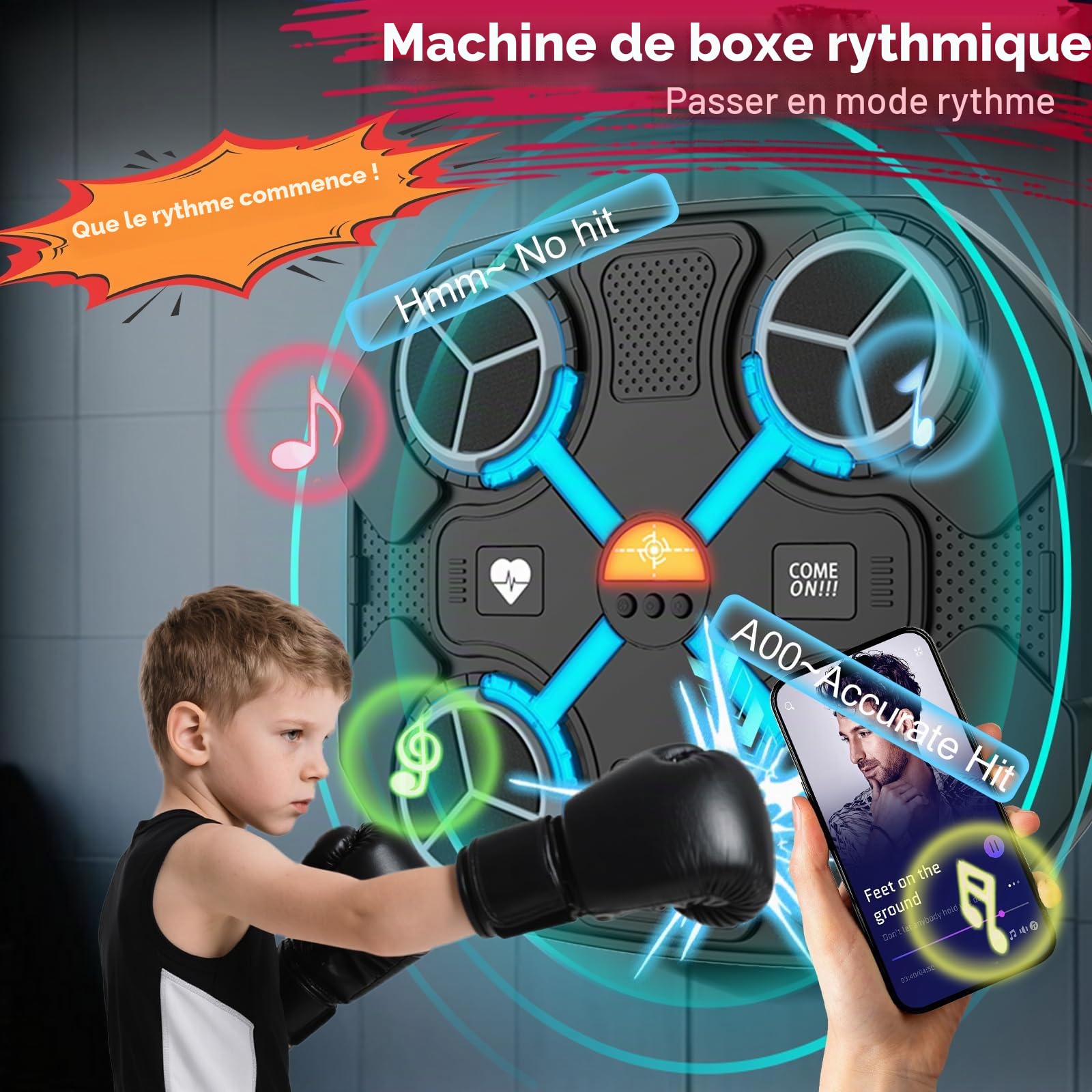 Machine de boxe musicale intelligente Bluetooth, cible de boxe intelligente murale, chargement USB, équipement d'entraînement de boxe, cadeaux pour enfants et adultes