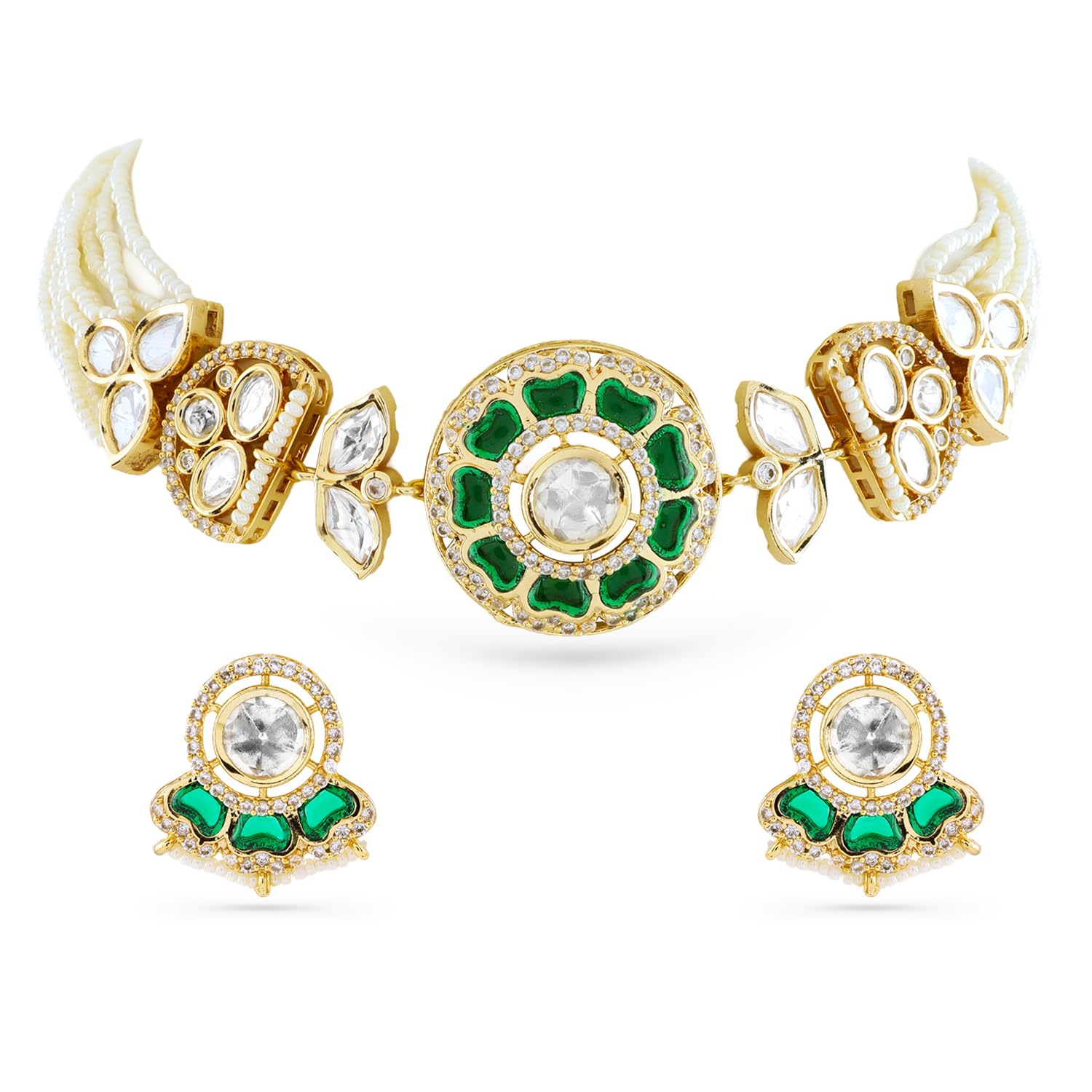 rubans 22K Gold-Plated Emerald Green Polki & Cubic Zirconia Studded White Pearl Beaded Choker Set for Women – Ideal for Bridal & Festive Looks-picture-24