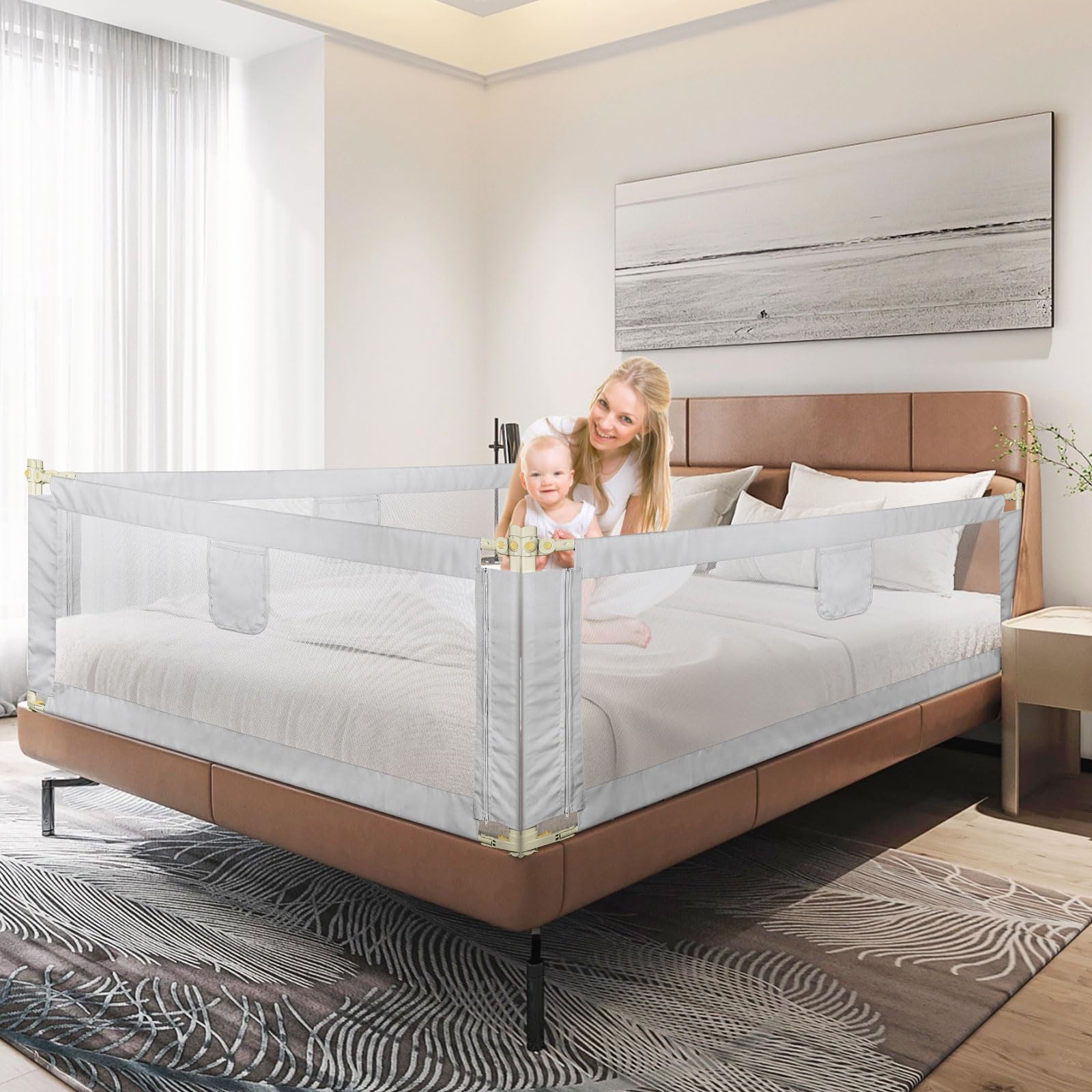 OHMG Barriere De Lit Enfant,Barrière de lit pour Les Tout-Petits,Barrière de Lit Portable Bébé,Barrière de Sécurité de Lit Enfant,Réglable en Hauteur,Barrière de lit avec Filet aéré (1.8M-Gris Clair)