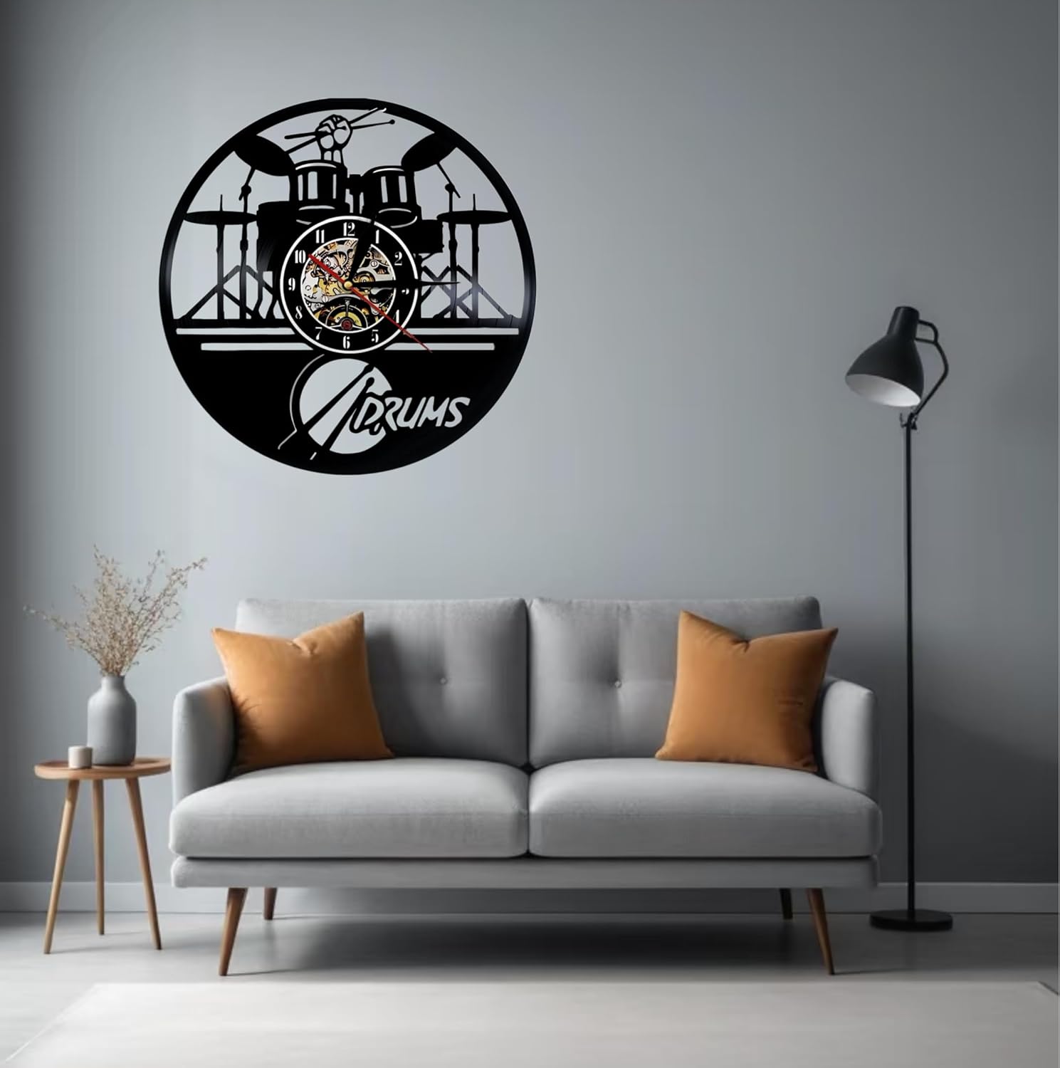 Wall Clock 12 Inch Silent Non-Tickin- Laser Cut Drum Set Design with Working Turntable Style, Ultra-Thin 2mm, Vintage Music Gift for DJs & Drummers