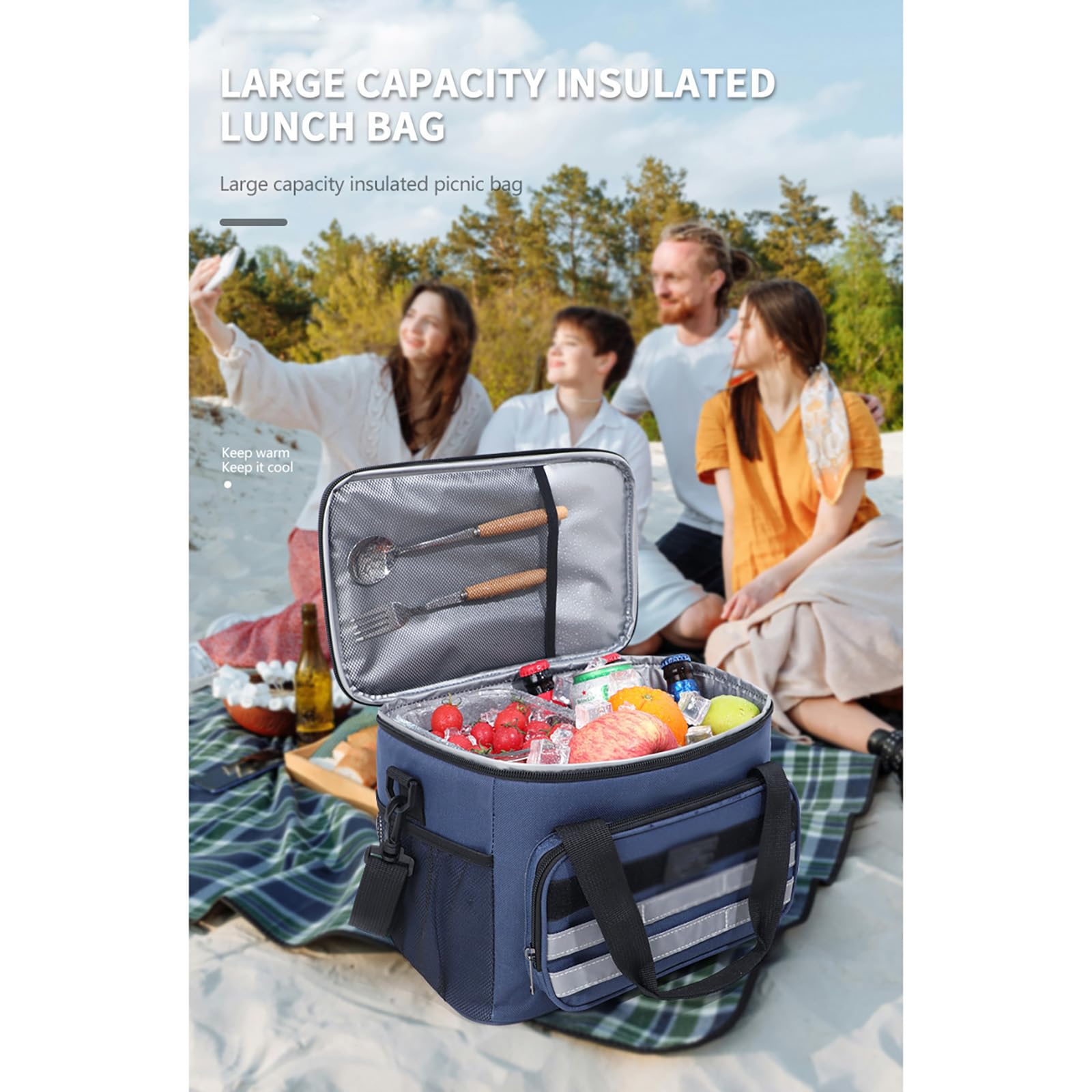 Bolsa IsotéRmica Plegable, Bolsa TéRmica Grande, Correa De Hombro Ajustable, Ideal Para La Oficina, El Trabajo, La Escuela, La Playa O Los Viajes.-Navy Blue