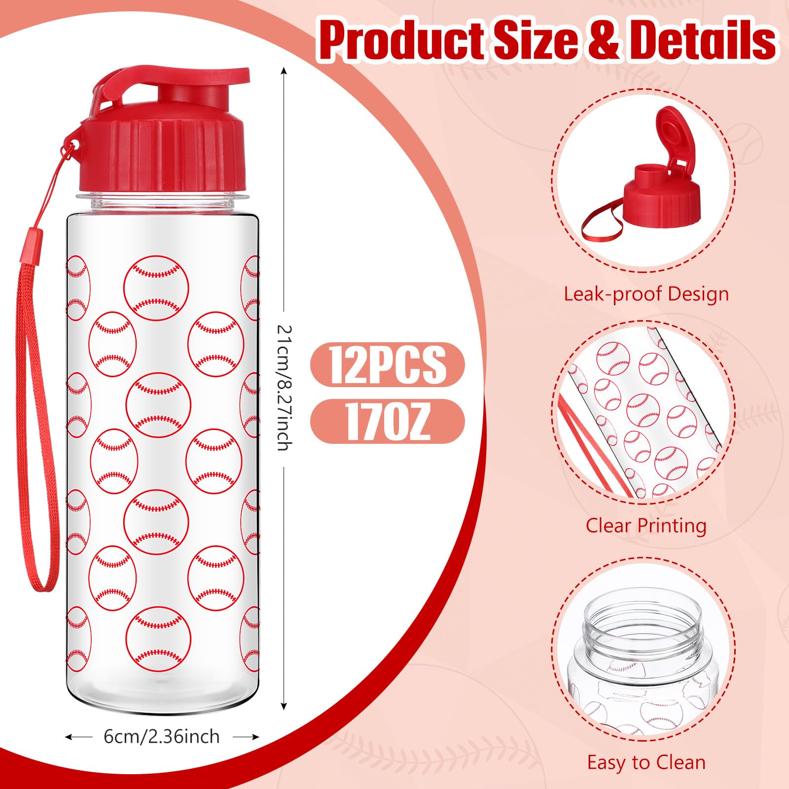 Funnymoom 12 botellas de agua de béisbol de 17 onzas, botella deportiva de béisbol con tapa abatible a prueba de fugas, botellas de agua de plástico reutilizables para equipo de béisbol, accesorios de