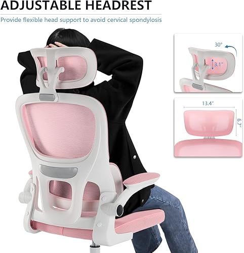 Miniatura 5 de Silla ergonómica de oficina para el hogar con reposabrazos abatibles y cojín para soporte lumbar, silla de computadora de malla transpirable con