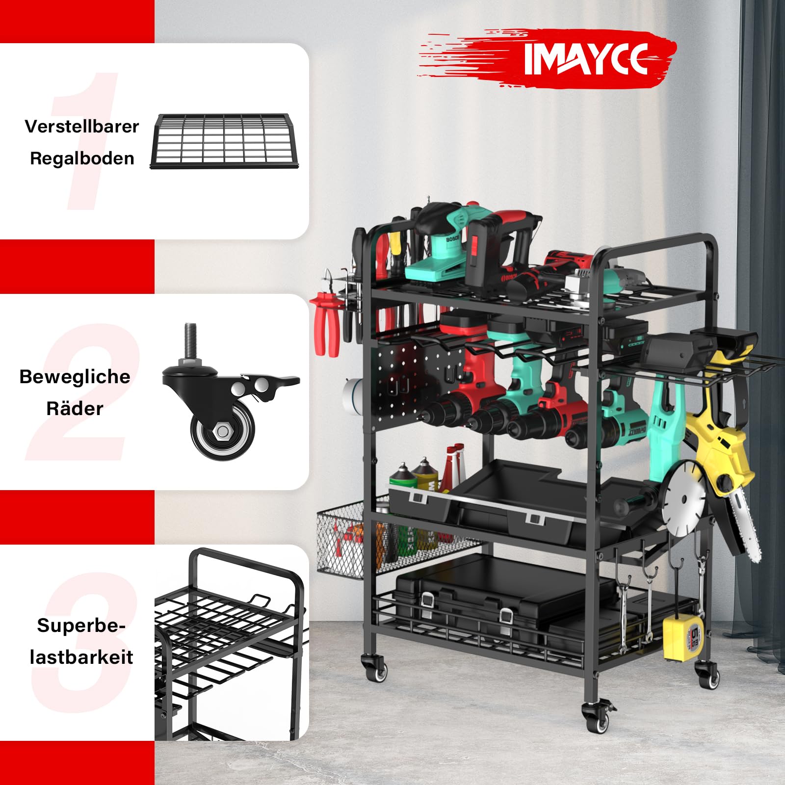 IMAYCC Organizer elektronarzędzia z kółkami, 4-warstwowy wózek do przechowywania narzędzi z stali węglowej, nośność 100 kg, uchwyty na wiertarki, stacja ładująca