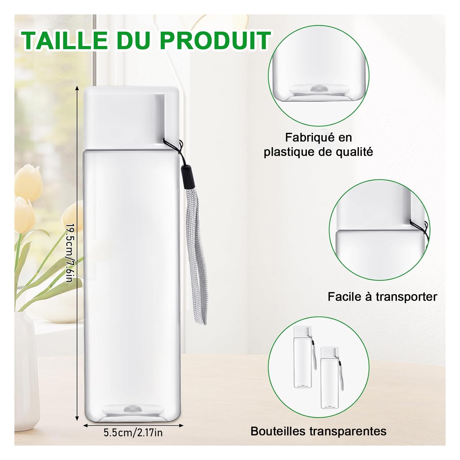 Lot de 20 Bouteilles d’Eau Carrées 500 ml, Gourdes Plastique Transparentes | Gourdes Réutilisables avec Dragonne pour École, Gym, Bureau, Sport, Personnalisation, EVJF et Événements
