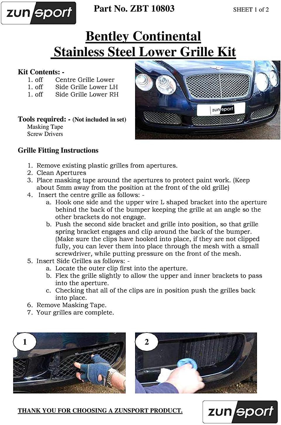 Zunsport Compatible With Bentley Continental GT Lower Grill Set - Silver finish (2003 to 2007)