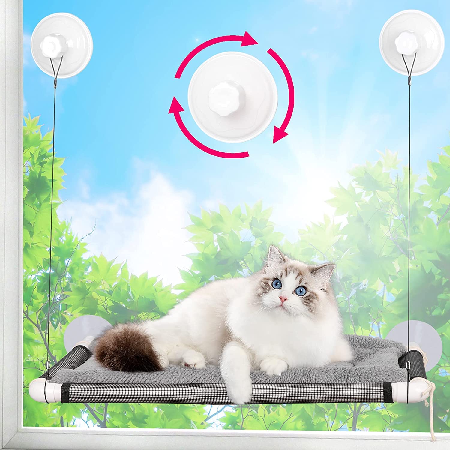 S2CCat Window Bed with Blanket, Perch Window Seat Suction Cups Space-Saving Cat Hammock Pet Resting Seat Safety Cat Shelves - Offering 360-degree Sunbathing for Cats up to 22 kgs (WITH CUSHION)