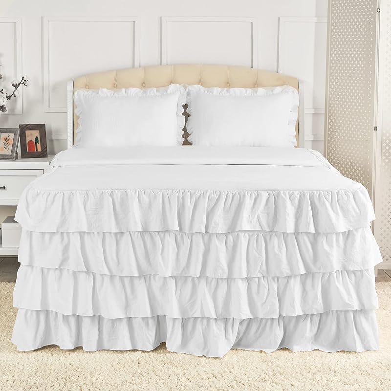 Juego de colcha King con volantes múltiples Mellanni - 3 piezas | Colcha con volantes y 2 fundas de almohada, faldón de cama con volantes de 30" para cobertura total, ropa de cama ultrasuave (King, blanco)
