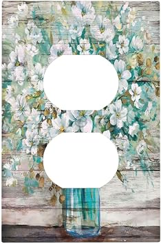 Decorative Outlet Covers White Floral Flower Water Bottle Grey Wood Plank 1 Gang Duplex Light Switch Cover Plate Unique Wall Plate Electrical Switch Plate Covers for Bedroom Home Decor