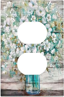 Decorative Outlet Covers White Floral Flower Water Bottle Grey Wood Plank 1 Gang Duplex Light Switch Cover Plate Unique Wall Plate Electrical Switch Plate Covers for Bedroom Home Decor