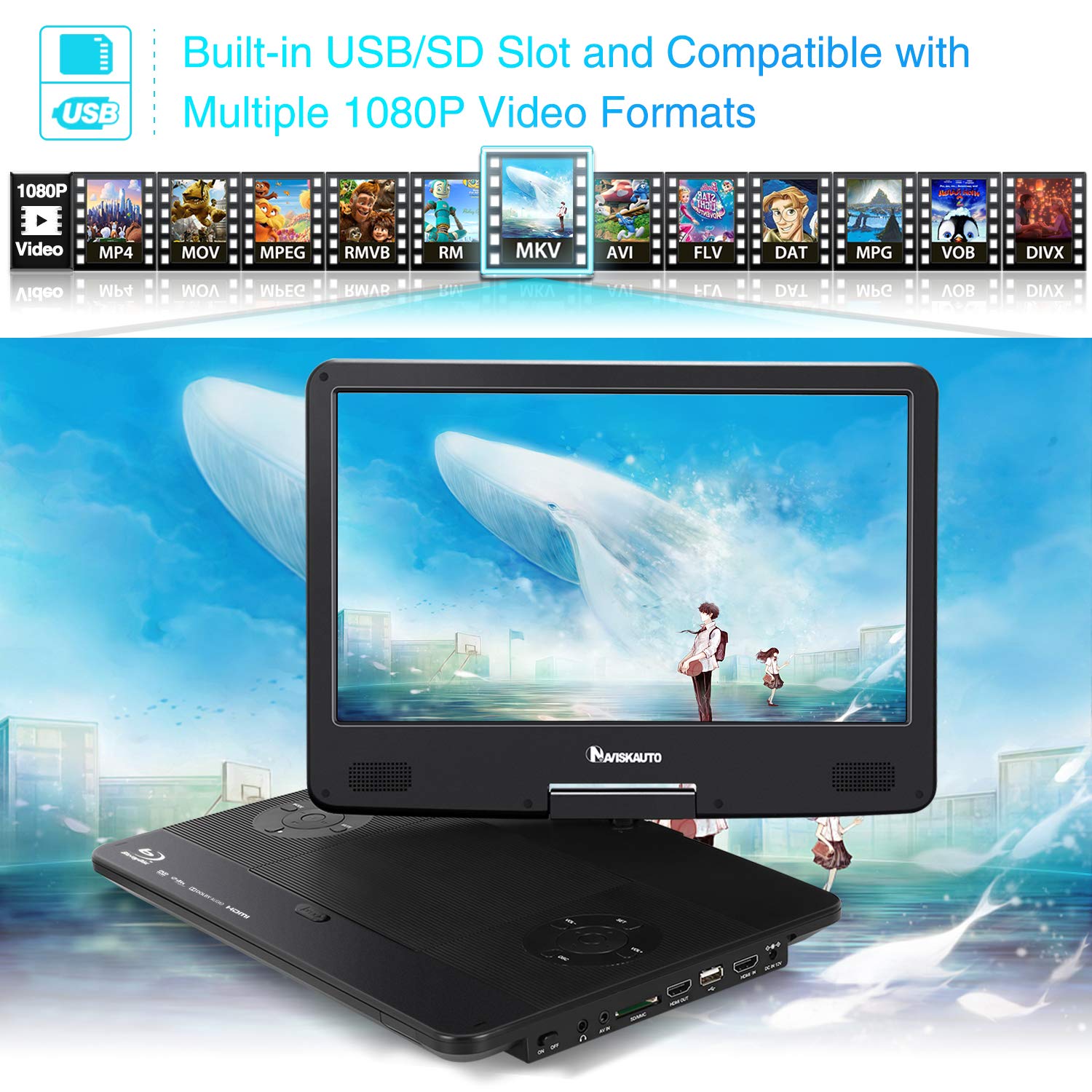 NAVISKAUTO 14" Portable Blu Ray DVD Player with HDMI Input/Output