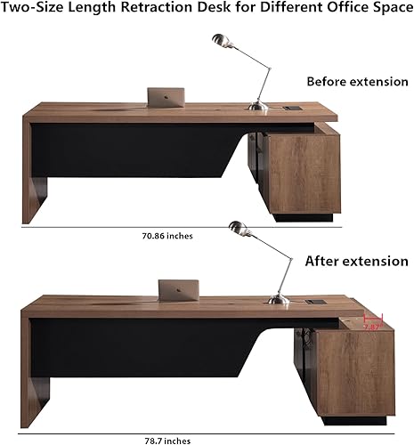 Miniatura 6 de Escritorio ejecutivo retráctil en forma de L, moderno escritorio de oficina con cajones y archivador lateral, escritorio grande para computadora con