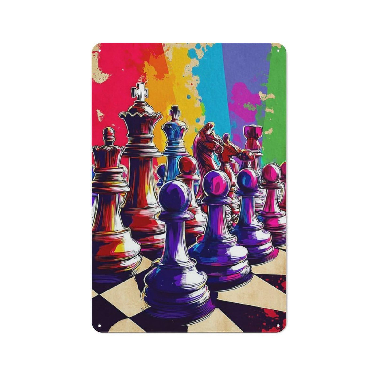 Junmoney Colorful Chess Battle -1 Modern Vintage Metal Desk Wall Sign 30X20cm, Office Wall Decor For Office, Study, Studio Or Hallway